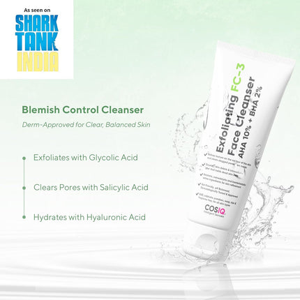 Cos-IQ Exfoliating Face Wash for Oily & Dry Skin | 2% Salicylic Acid BHA & 10% Glycolic Acid AHA | 100ml