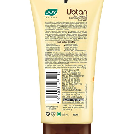 Joy Ubtan Tan Removal Face Wash With Turmeric, Saffron & Sandalwood | for All Skin Types 150ml x 2