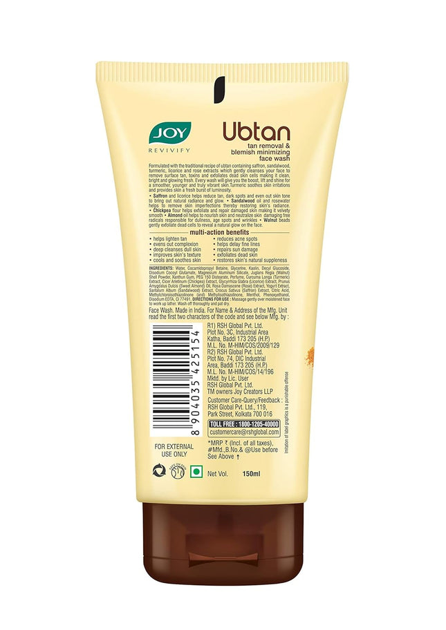 Joy Ubtan Tan Removal Face Wash With Turmeric, Saffron & Sandalwood | for All Skin Types 150ml x 2