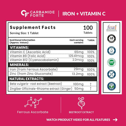 Carbamide Forte Iron Supplement 100 Veg Iron Tablets