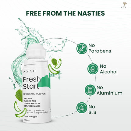 Azah Fresh Start Underarm Roll-On Deodorant For Women 6.5% AHA, 50 ml1% Kojic & 1% Salicylic Acid, 2.5% Niacinamide