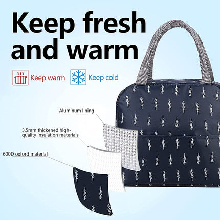 WEZOSHINET Insulated Lunch Bags for Women Work Student Kids to School Waterproof Thermal Cooler Tote Bag Picnic Organizer Storage Tiffin Box Portable and Reusable (Blue Leaf)