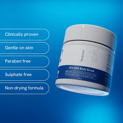 Be Bodywise 12% AHA Body Scrub | Exfoliating Scrub with Glycolic Acid & Lactic Acid Oat & Aloe Extract for Hydration | Vitamin E for Skin Protection | 300g