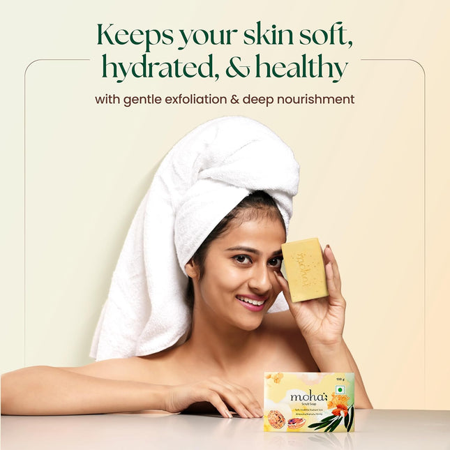 Moha Honey & Almond Scrub Soap with Walnut Powder Ayurvedic Body Soap Bar - 100gm Pack of 3