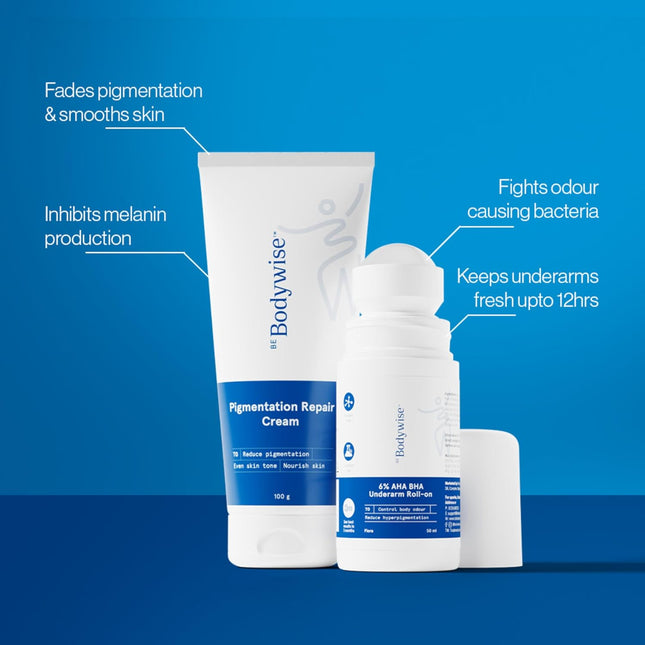 Be Bodywise Advanced Pigmentation Kit | With 6% AHA BHA Flora Underarm Roll-On (50ml) & Pigmentation Repair Cream (100g)