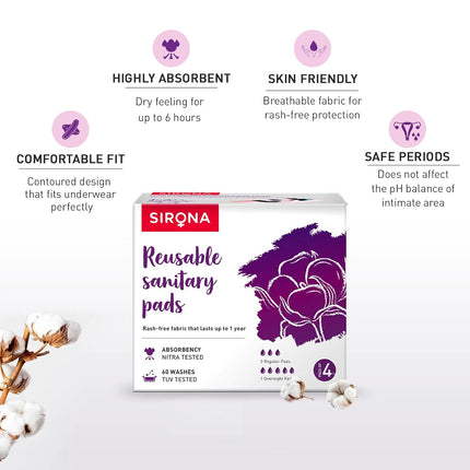 Sirona Reusable Pad for Women and Girls | (Pack of 4)| 3 Regular Pads + 1 Overnight Pad
