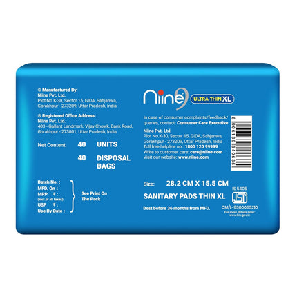 Niine Naturally Soft Ultra Thin XL Sanitary Pads (Pack of 1, 40 Pads) | 282mm