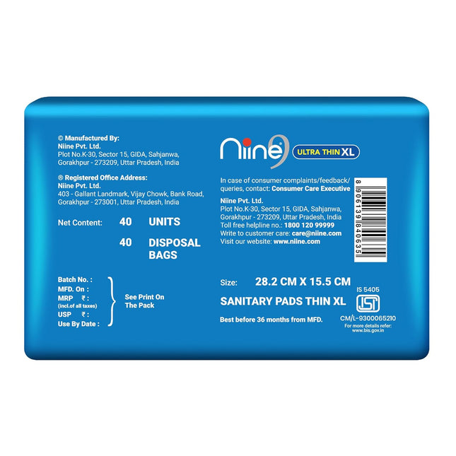 Niine Naturally Soft Ultra Thin XL Sanitary Pads (Pack of 1, 40 Pads) | 282mm