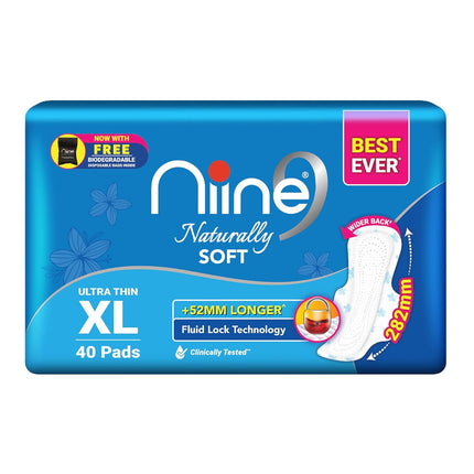 Niine Naturally Soft Ultra Thin XL Sanitary Pads (Pack of 1, 40 Pads) | 282mm