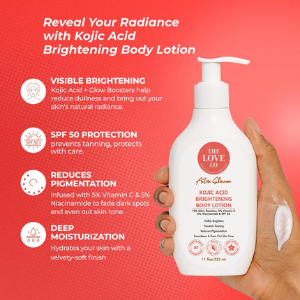 The Love Co. Kojic Acid Brightening Body Lotion | With 10% Glow Boosters, 5% Vitamin C, 5% Niacinamide & SPF 50 -325ml