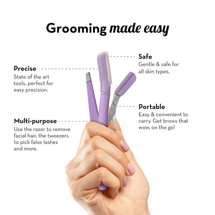 Plush 3-in-1 Professional Eyebrow Grooming Kit Eyebrow Razor + Eyebrow Scissor Comb + Tweezer