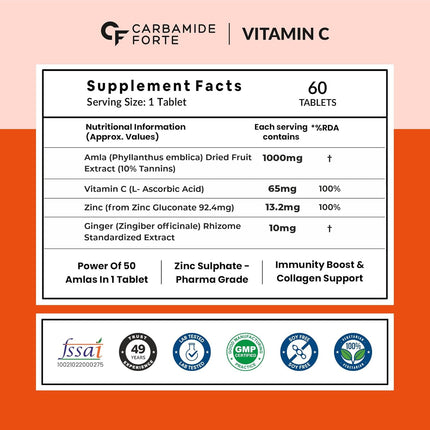 Carbamide Forte Natural Vitamin C Supplements Amla Extract With Zinc | 60 Tablets