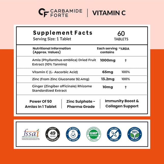 Carbamide Forte Natural Vitamin C Supplements Amla Extract With Zinc | 60 Tablets
