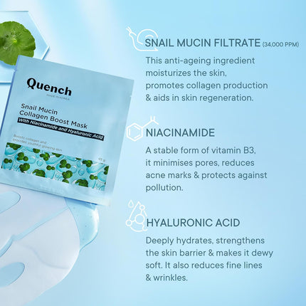 Quench Snail Mucin Korean Collagen Boost Mask with Niacinamide & Hyaluronic Acid-45g