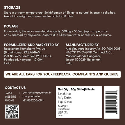 Rasayanam Pure Himalayan Shilajit Resin-20 Gm