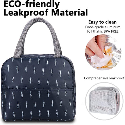 WEZOSHINET Insulated Lunch Bags for Women Work Student Kids to School Waterproof Thermal Cooler Tote Bag Picnic Organizer Storage Tiffin Box Portable and Reusable (Blue Leaf)