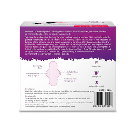 Sirona Reusable Pad for Women and Girls | (Pack of 4)| 3 Regular Pads + 1 Overnight Pad