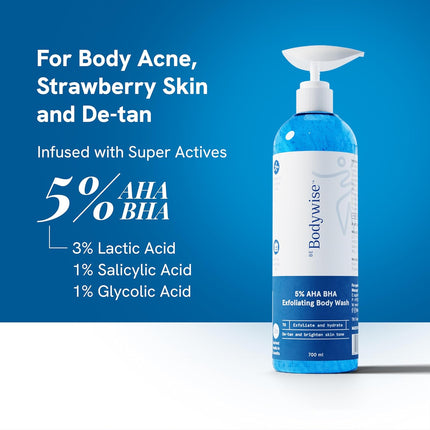 Be Bodywise 5% AHA BHA Exfoliating Body Wash | Infused with 3% Lactic Acid, 1% Salicylic Acid, 1% Glycolic Acid | 700ml