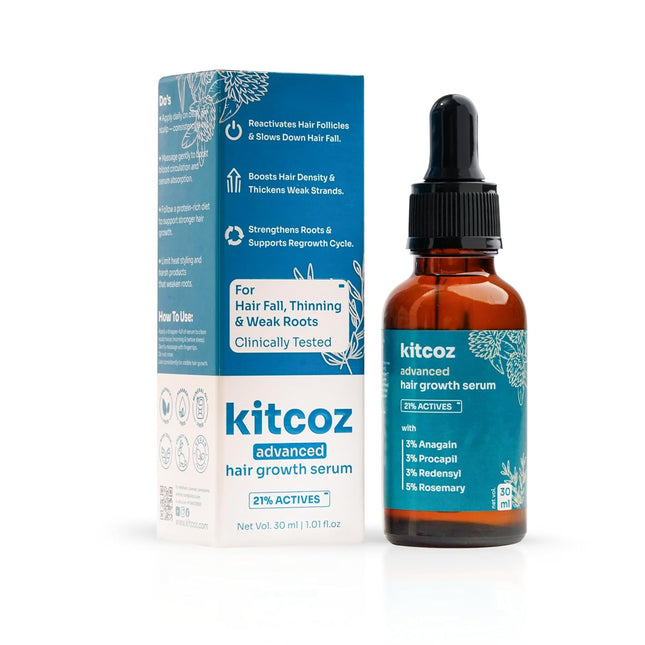 Kitcoz Advanced Hair Growth Serum Concentrate with 21% Actives | 3% Anagain, 3% Procapil, 3% Redensyl & 5% Rosemary Extract -30ml