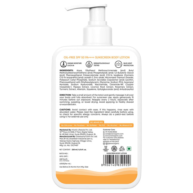 Aravi Organic Oil-Free Sunscreen Body Lotion SPF 50 PA++++ 200ml