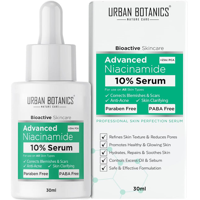 UrbanBotanics 10% Niacinamide Face Serum for Acne, Acne Scars/Marks for Oily & Acne Prone Skin | 30ml