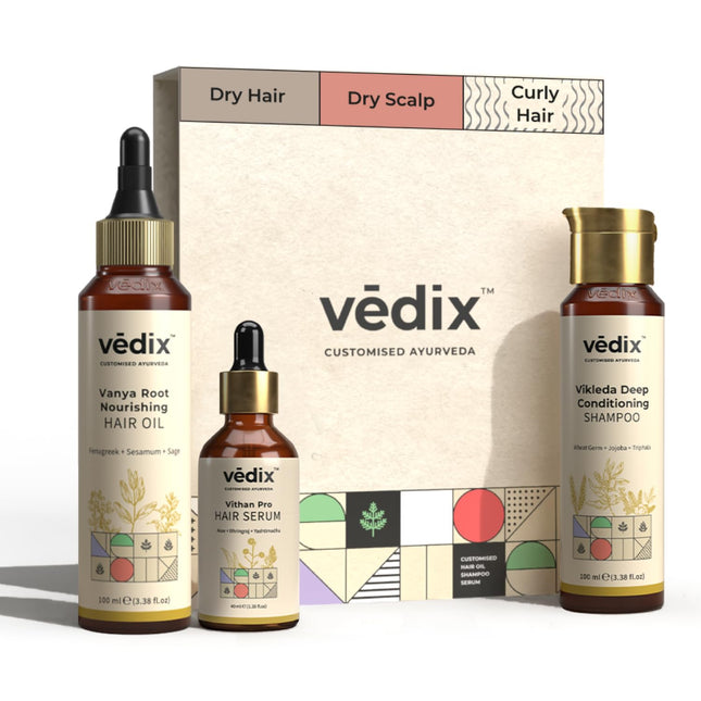 Vedix Customized Hair Fall Control Regimen For Dry/Scalp & Curly Hair - 3 Product Kit - Hair Oil - Shampoo - Vithan Pro Hair Growth Serum