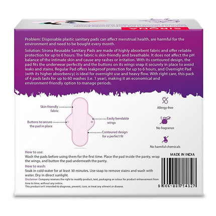 Sirona Reusable Pad for Women and Girls | (Pack of 4)| 3 Regular Pads + 1 Overnight Pad