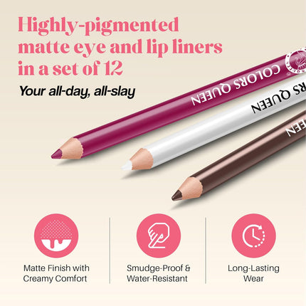 Colors Queen Vivid Matte Eye & Lip Liner Pencil Set of 12