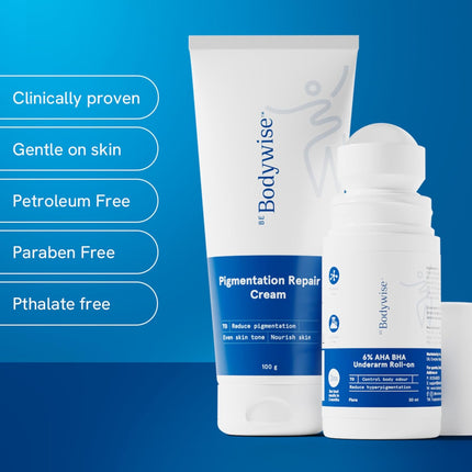 Be Bodywise Advanced Pigmentation Kit | With 6% AHA BHA Flora Underarm Roll-On (50ml) & Pigmentation Repair Cream (100g)