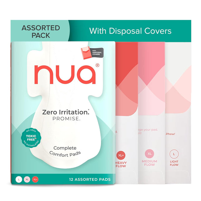 Nua Ultra-Safe 12 Sanitary Pads| 3 sizes in 1: 3 Heavy Flow-XL+, 5 Medium-XL & 4 Light-L |
