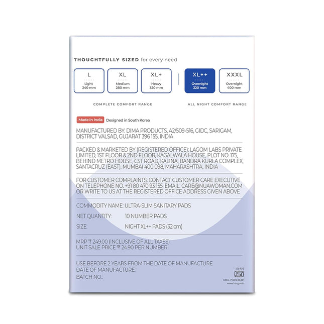 Nua All Night Comfort Sanitary Pads | Pack of 10 (XL++ 320mm)