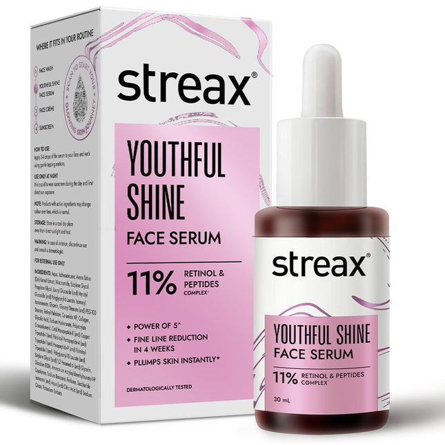 Streax Youthful Shine Face Serum, 30ml |11% Retinol & Peptide Complex