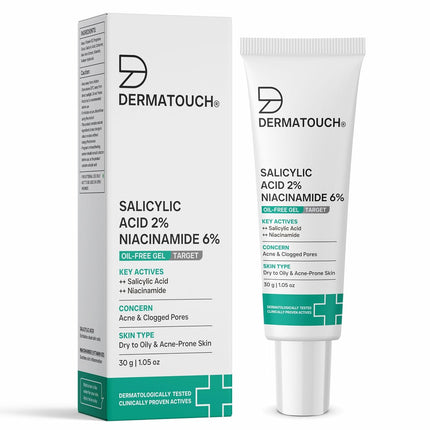 DERMATOUCH Salicylic Acid 2% Niacinamide 6% Anti-Acne Oil-Free Gel For Active Acne, Oil Balancing, Pore Tightening - 30G