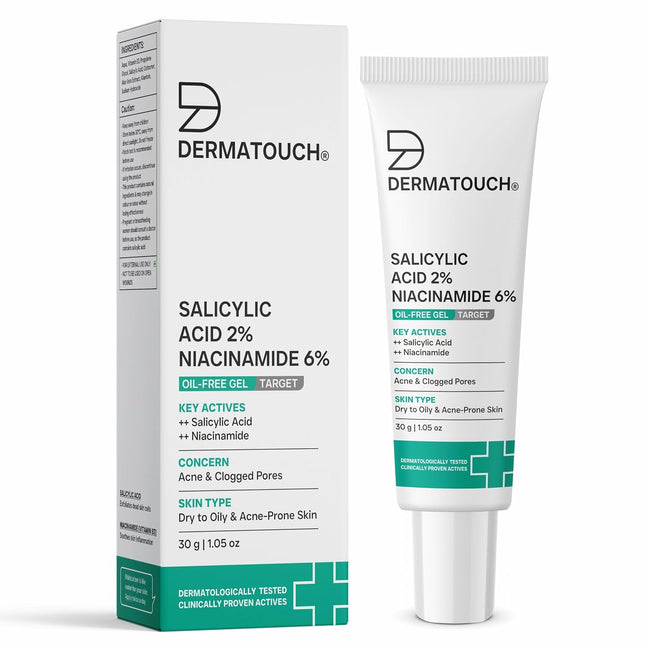 DERMATOUCH Salicylic Acid 2% Niacinamide 6% Anti-Acne Oil-Free Gel For Active Acne, Oil Balancing, Pore Tightening - 30G