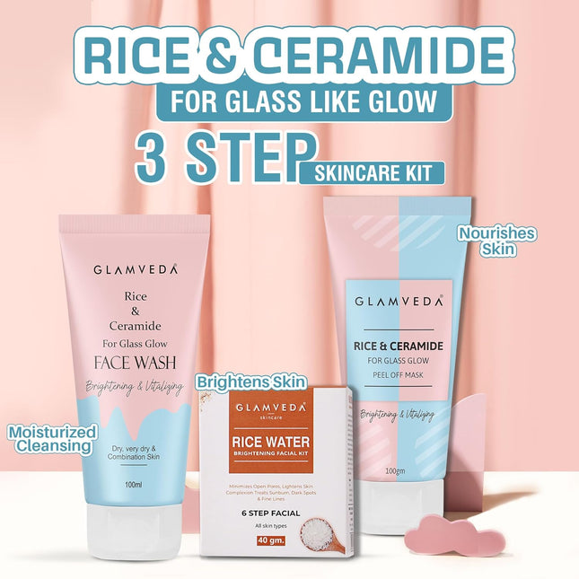 Glamveda Korean Rice & Ceramide 3 Step Skincare Routine Face Wash, Facial Kit & Peel Off Mask