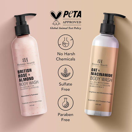 Botanic Hearth Oat Niacinamide and British Rose Almond Body Wash 245 ml Pack Of 2