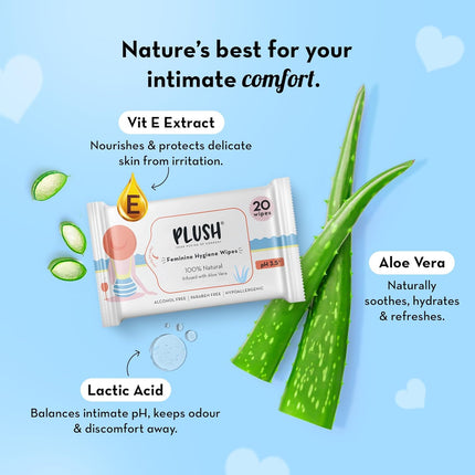 Plush All Natural 100% Biodegradable Intimate Vaginal Wipes-40 Count Pack of 20