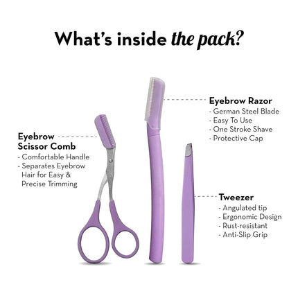 Plush 3-in-1 Professional Eyebrow Grooming Kit Eyebrow Razor + Eyebrow Scissor Comb + Tweezer