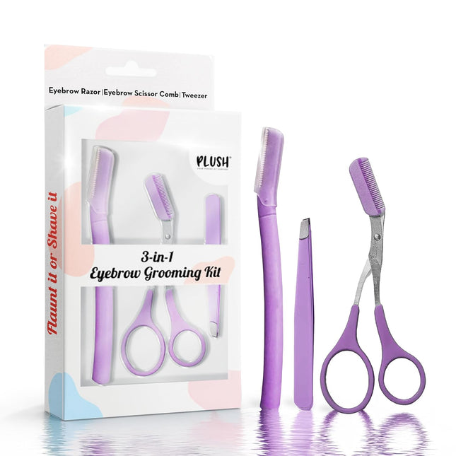 Plush 3-in-1 Professional Eyebrow Grooming Kit Eyebrow Razor + Eyebrow Scissor Comb + Tweezer