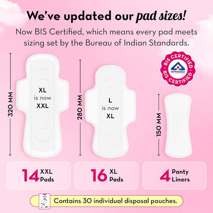 Plush Ultra-Thin Sanitary Napkins for Women, 30 Pcs | 16 XL Pads (Light-Medium Flow), 14 XXL Pads (Heavy Flow), 4Panty Liners