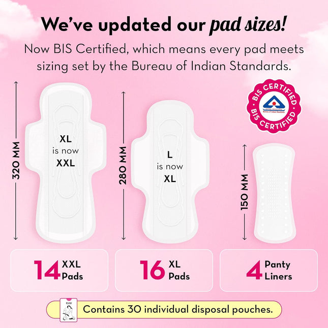 Plush Ultra-Thin Sanitary Napkins for Women, 30 Pcs | 16 XL Pads (Light-Medium Flow), 14 XXL Pads (Heavy Flow), 4Panty Liners