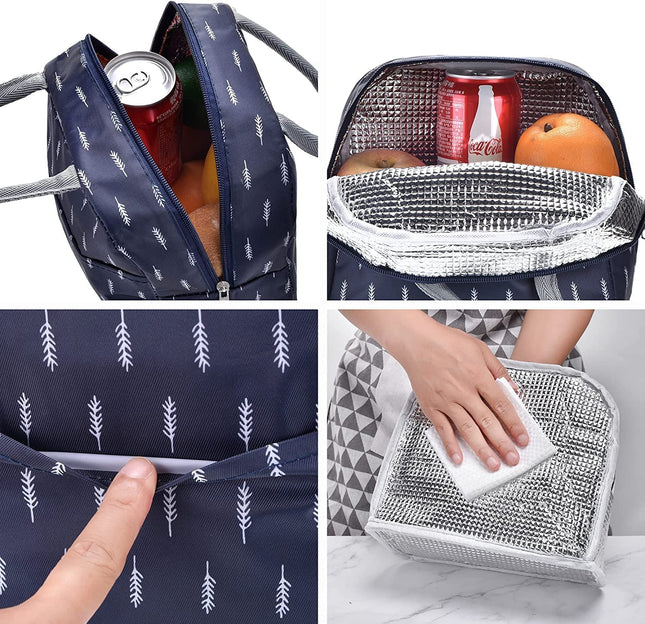 WEZOSHINET Insulated Lunch Bags for Women Work Student Kids to School Waterproof Thermal Cooler Tote Bag Picnic Organizer Storage Tiffin Box Portable and Reusable (Blue Leaf)