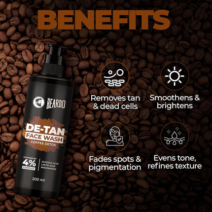 BEARDO DeTan Face Wash for Men, 200ml | Glycolic Acid,Niacinamide & Coffee