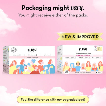 Plush Ultra-Thin Sanitary Napkins for Women, 30 Pcs | 16 XL Pads (Light-Medium Flow), 14 XXL Pads (Heavy Flow), 4Panty Liners