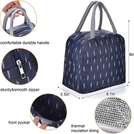 WEZOSHINET Insulated Lunch Bags for Women Work Student Kids to School Waterproof Thermal Cooler Tote Bag Picnic Organizer Storage Tiffin Box Portable and Reusable (Blue Leaf)