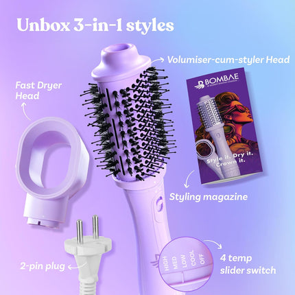 Bombae Hairess Ionic 3-In-1 Hot Air Brush Dryer Volumizer & Straightener ,1200W Power