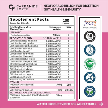 Carbamide Forte 30 Billion Probiotics Supplement  100 Veg Capsules