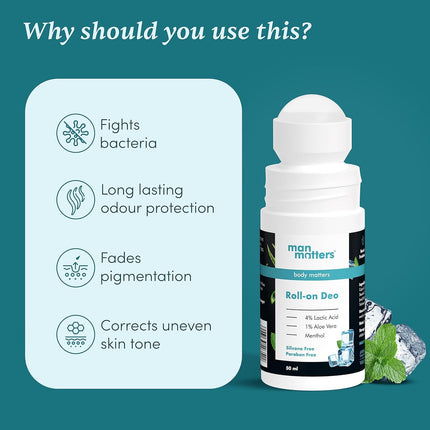 Man Matters Underarm 4% Lactic Acid, 1% Aloe Vera & Menthol Deodorant Roll-On 50 Ml
