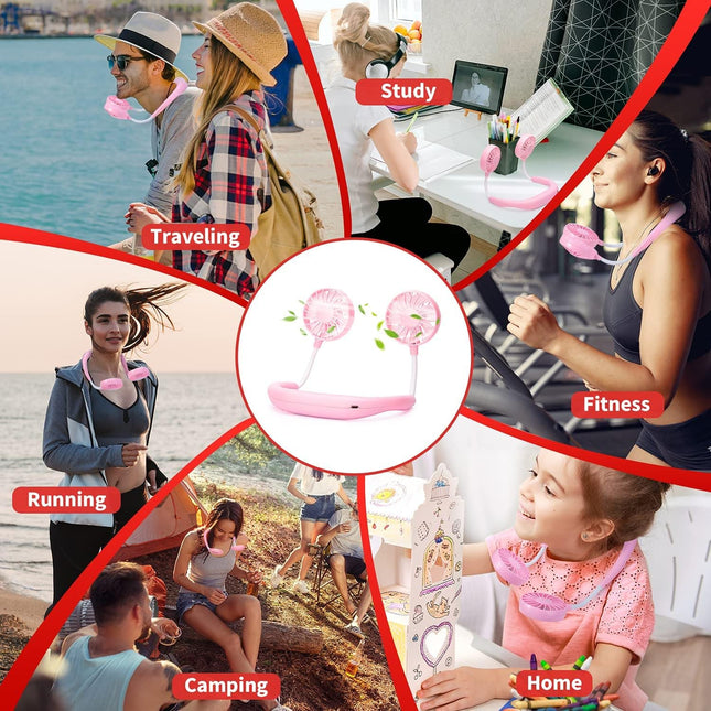 Portable Neck Fan Rechargeable Personal Hand-Free Fan Mini USB Wearable Neckband Sport Fan, 3 Speed Adjustable, 360 Degrees Free Rotation Perfect for Working, Traveling, Office, Reading (pink)
