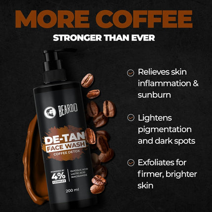 BEARDO DeTan Face Wash for Men, 200ml | Glycolic Acid,Niacinamide & Coffee
